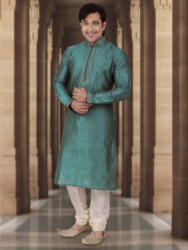 Blue Colour Mens Kurta Pajama in Dupion Fabric.