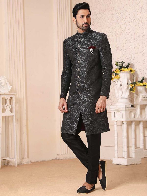 Black Colour Brocade,Jacquard Fabric Mens Indowestern.