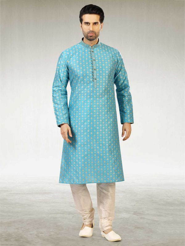 Jacquard,Brocade Silk Mens Kurta Pajama Sky Blue Colour.