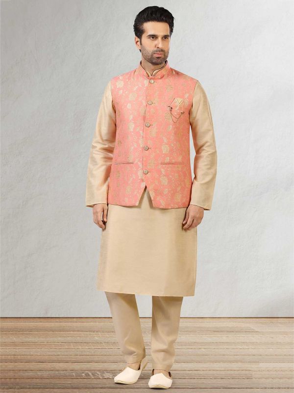 Pink,Golden Colour Mens Kurta Pajama Jacket.