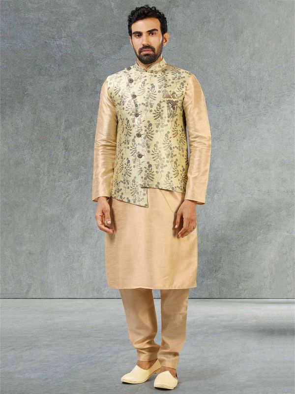 Green,Golden Colour Banarasi Silk Fabric Designer Kurta Pajama.