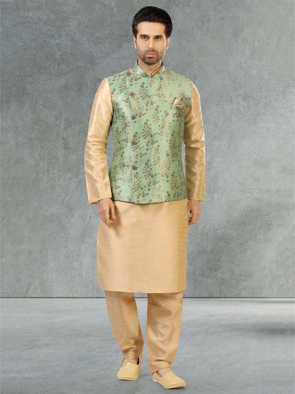 Pista Green,Golden Colour Banarasi Silk Fabric Mens Kurta Pajama.