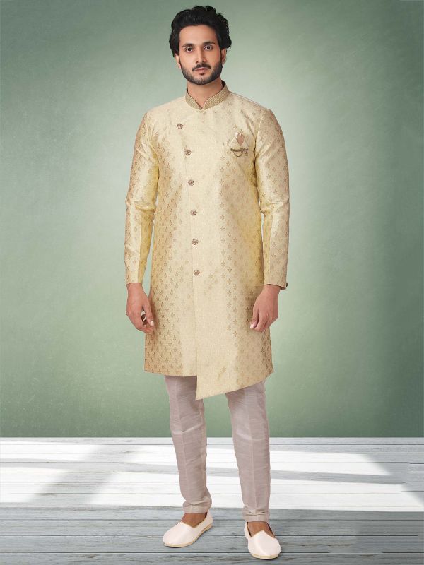 Pista Green Colour Designer Semi Indowestern Kurta Pajama.