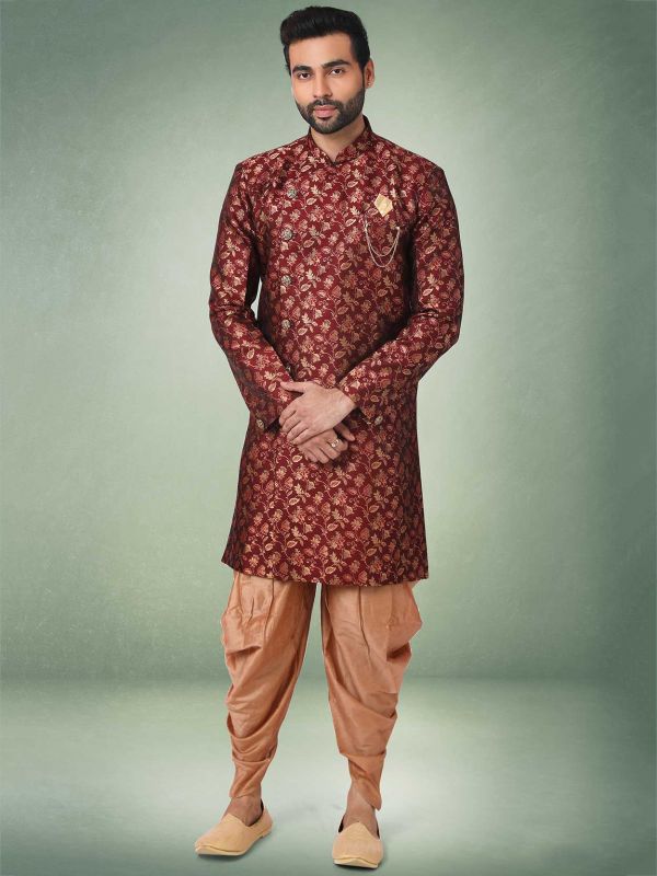 Wine Colour Jacquard,Brocade Silk Fabric Mens Indowestern.