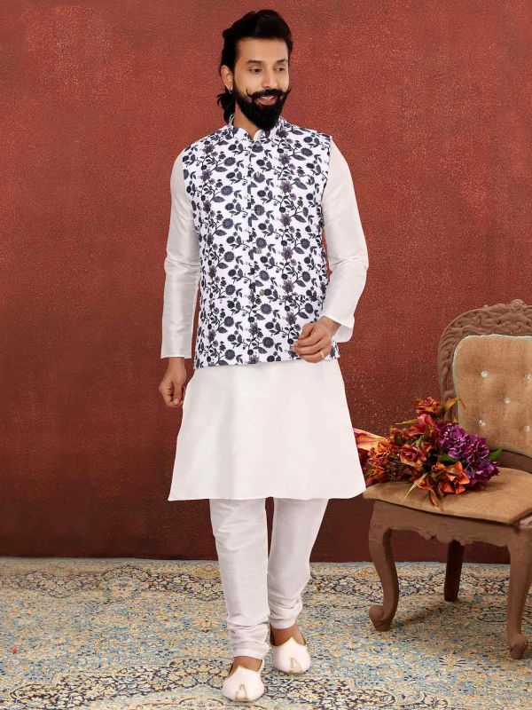 Cotton,Dupion Silk Fabric Kurta Pajama Jacket Off White Colour.