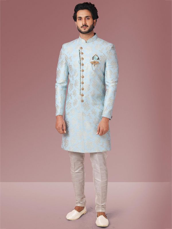 Sky Blue Colour Jacquard,Brocade Silk Fabric Mens Indowestern.