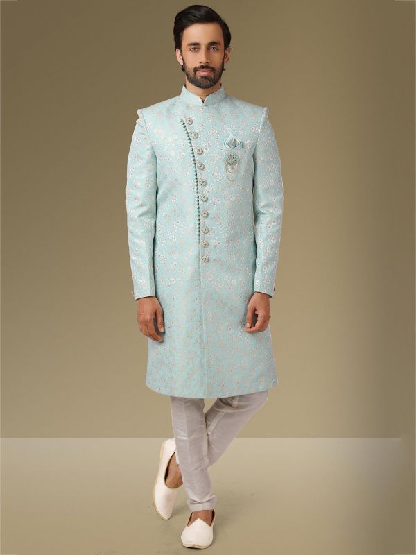 Sky Blue Colour Designer Mens Indowestern in Jacquard,Brocade Silk Fabric.