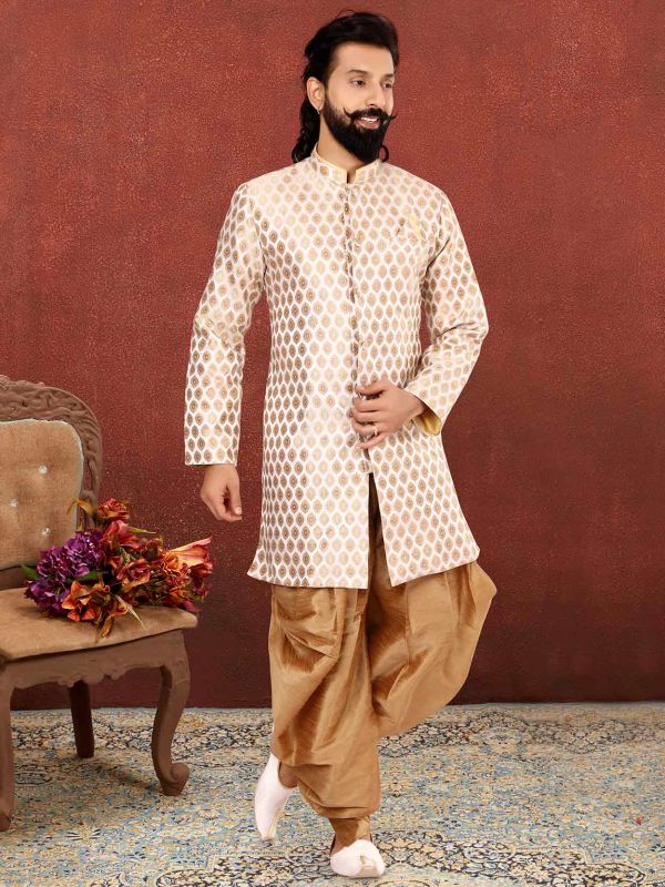 Cream,Beige Colour Jacquard,Silk Fabric Mens Indowestern.