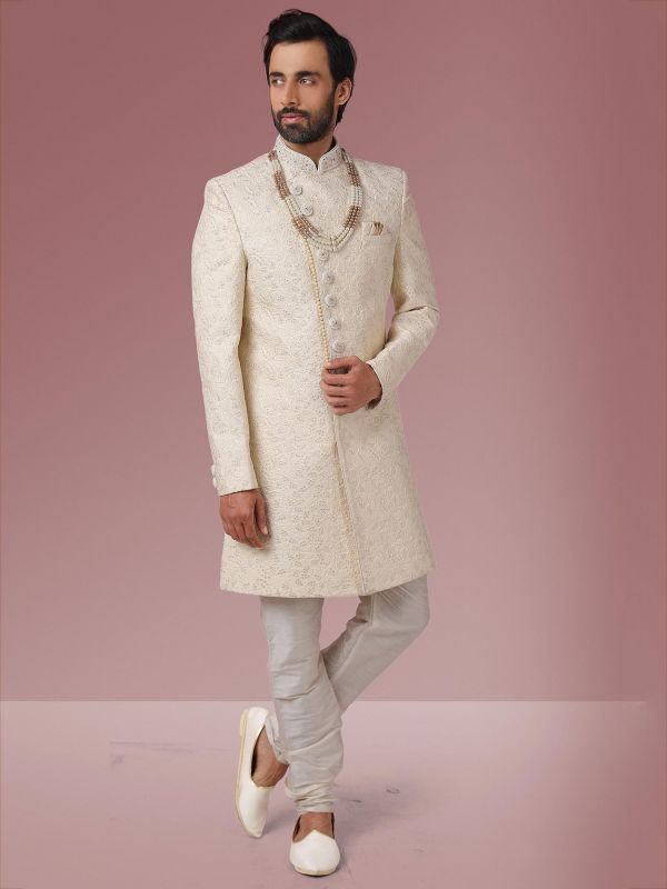 Designer Wedding Sherwani Cream Colour Banarasi Silk Fabric.