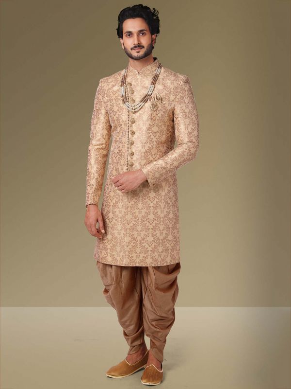 Beige Colour Jacquard,Brocade Silk Fabric Mens Indowestern.