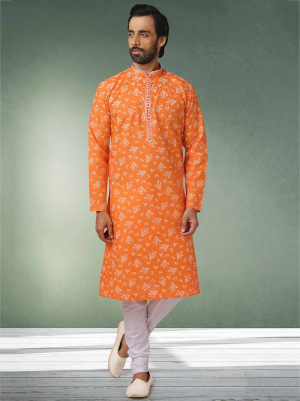 Orange Colour Cotton Kurta Pajama in Digital Print Work.