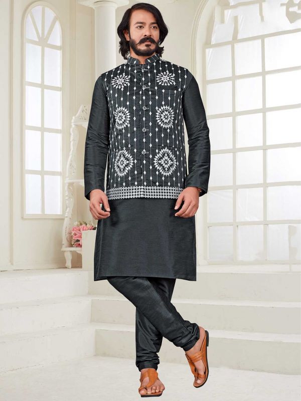 Grey Colour Art Silk Fabric Mens Kurta Pajama Jacket.