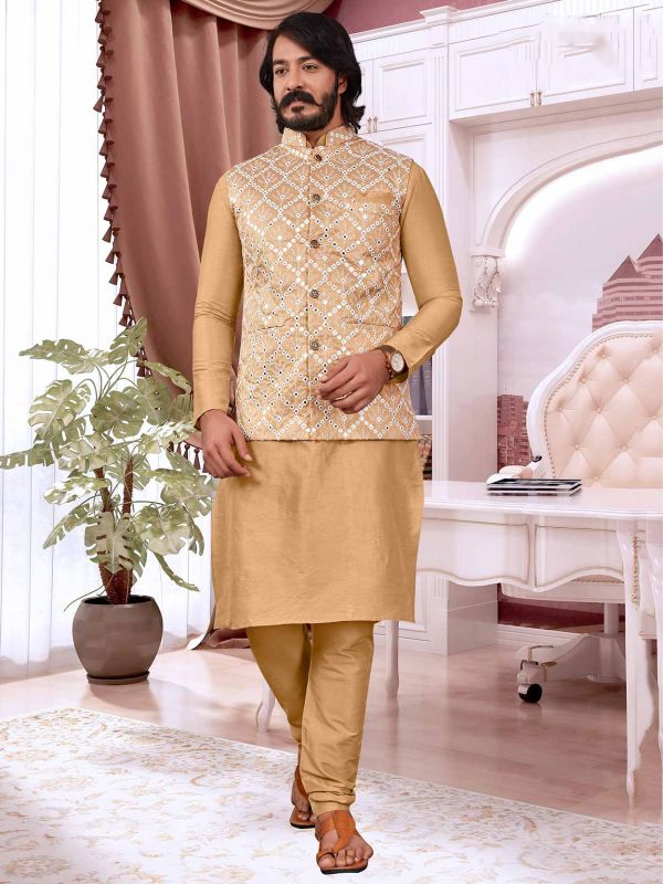 Beige Colour Art Silk Kurta Pajama Jacket.