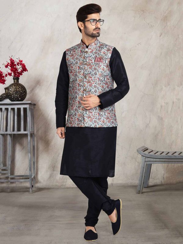 Grey,Blue Colour Banarasi Silk Fabric Mens Kurta Pajama Jacket.