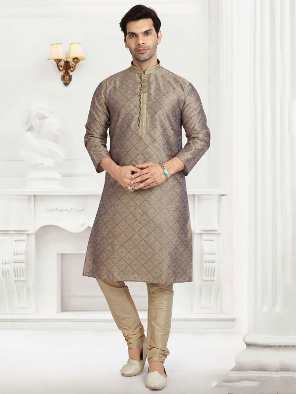 Golden,Beige Colour Jacquard Silk Fabric Indian Kurta pajama.