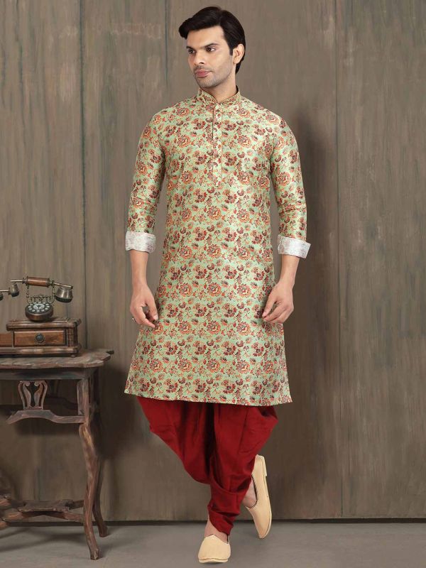 Green Colour Designer Kurta Pajama in Banarasi Silk Fabric.