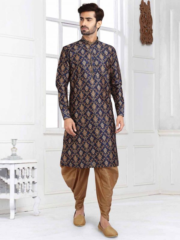 Blue Colour Banarasi Silk Fabric Party Wear Kurta Pajama.