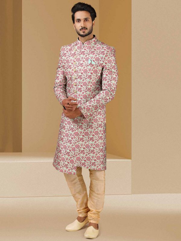 Pista Green Colour Designer Sherwani Banarasi Silk Fabric. 