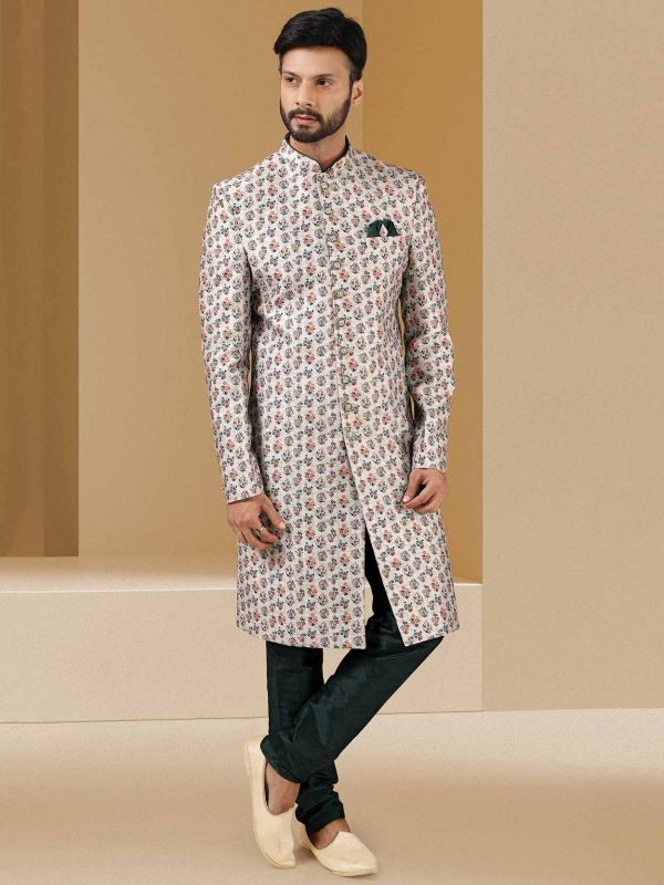 Off White Colour Mens Designer Sherwani in Banarasi Silk Fabric.