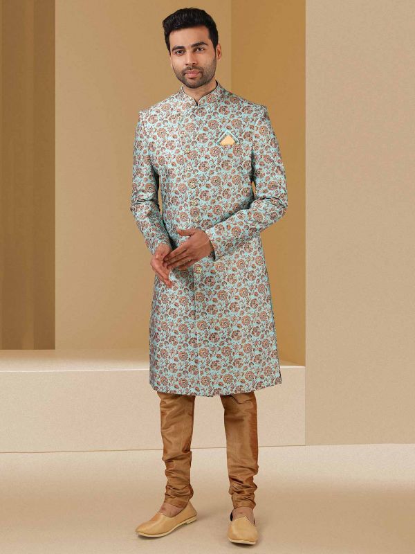 Pista Green Colour Banarasi Silk Fabric Mens Sherwani.