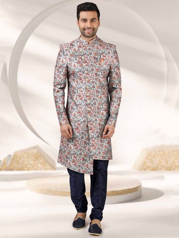 Grey Colour Banarasi Silk Fabric Mens Sherwani.