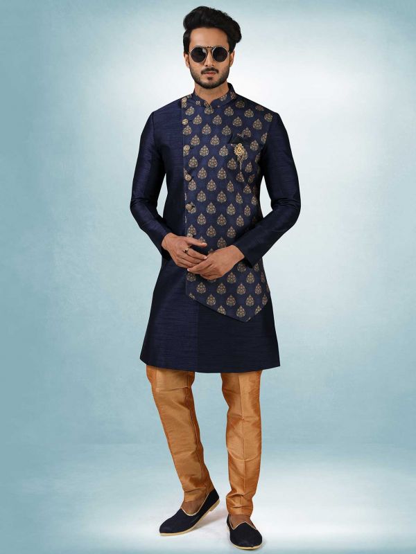 Blue Art Silk Indo Western For Men