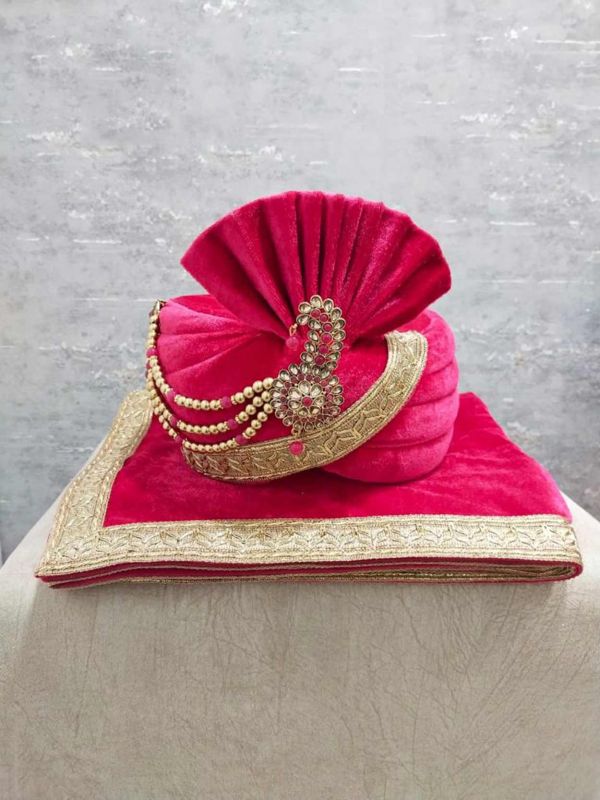 Rani Pink Colour Velvet Fabric Men's Turban.
