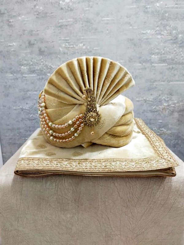 Golden Colour Velvet,Silk Fabric Turban With Lace Work.