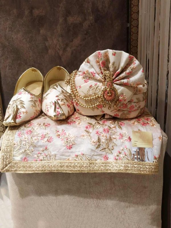 Cream Groom Wedding Turban Silk Fabric.