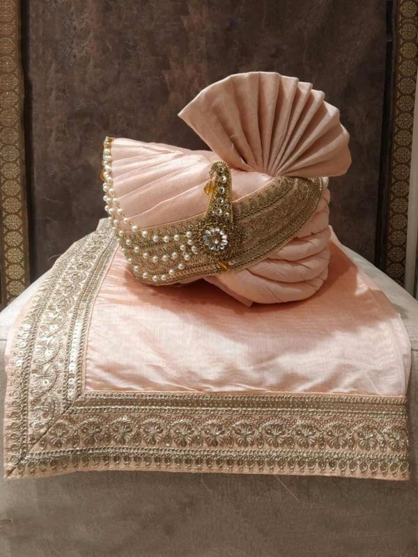 Peach Colour Silk Fabric Groom Sherwani Turban.
