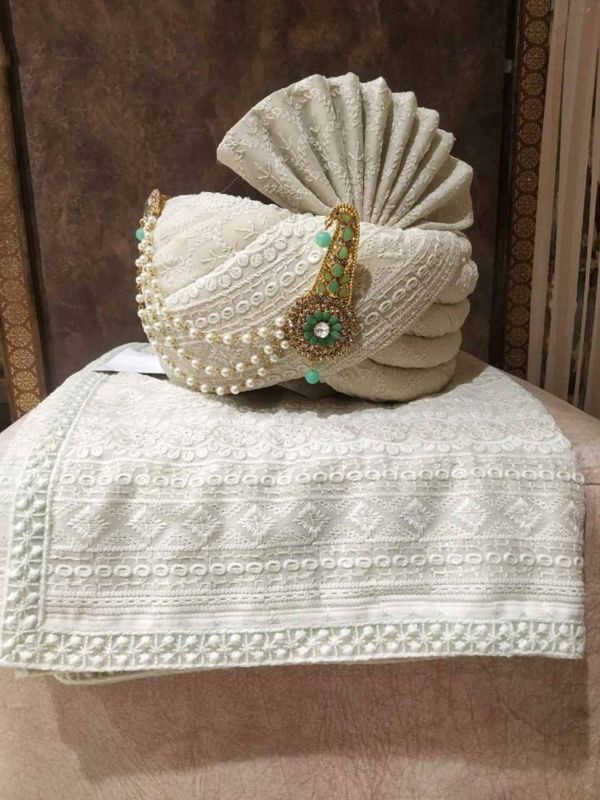 Pista Green Colour Lucknowi,Silk Fabric Groom Turban.