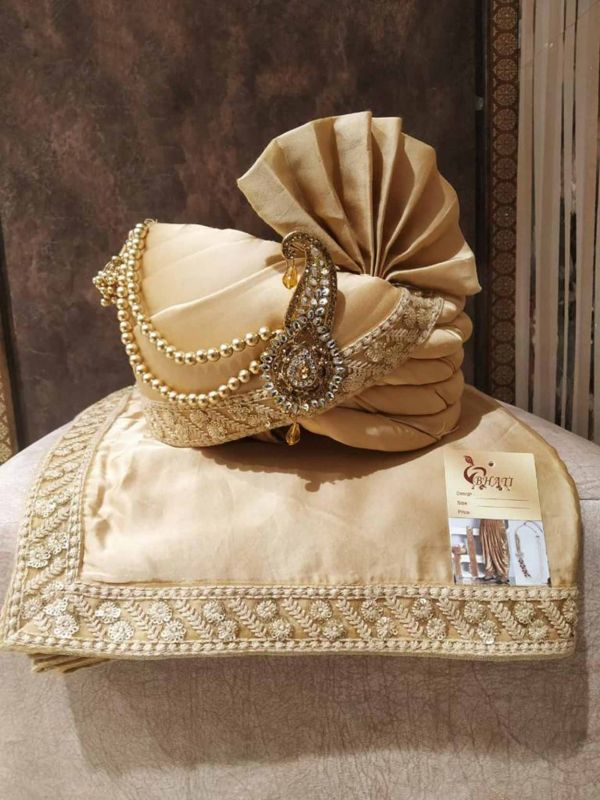 Golden Colour Silk Fabric Groom Wedding Turban.