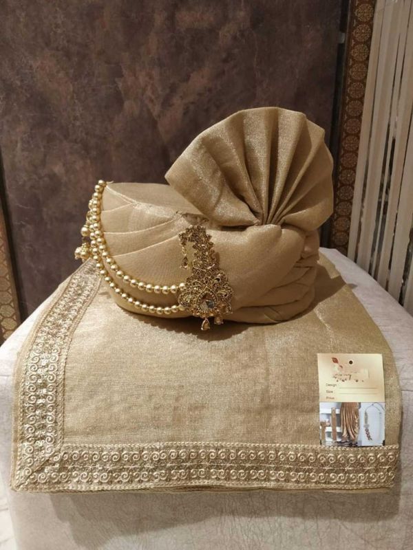Golden Colour Silk Fabric Groom Sherwani Turban.