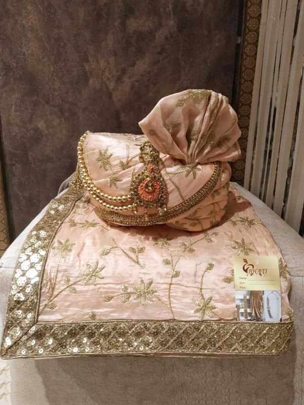 Peach Colour Wedding Turban Silk Fabric.
