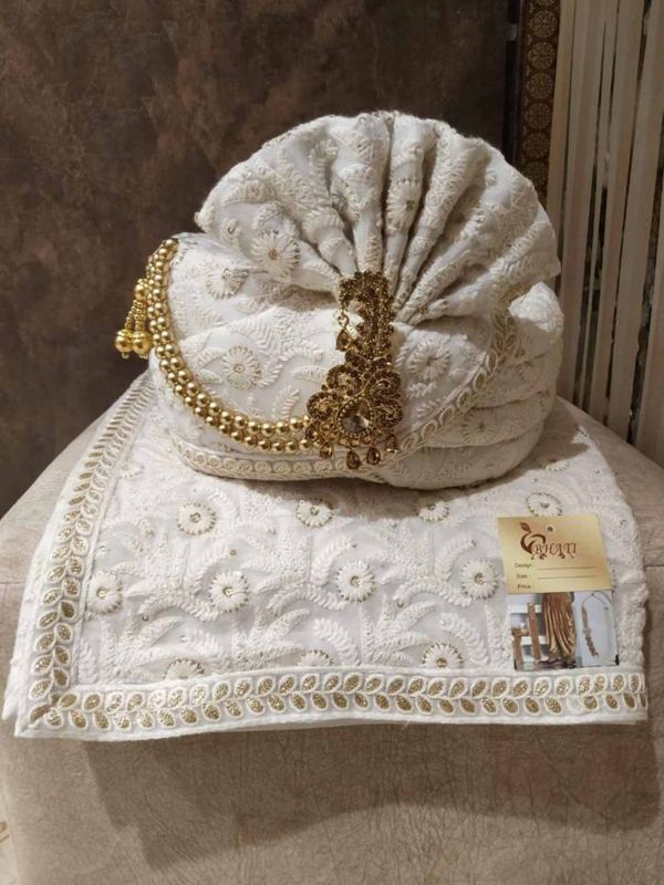 Off White Colour Lucknowi,Silk Fabric Indian Wedding Turban.