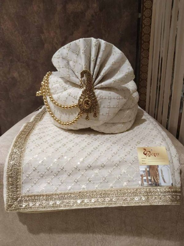 Groom Wedding Turban Off White Colour Silk Fabric.