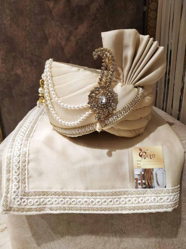 Cream Colour Silk Fabric Groom Wedding Turban.