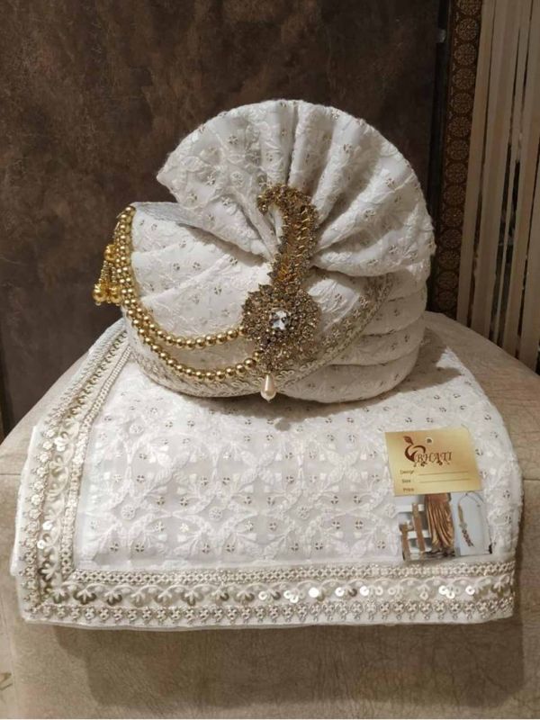 Lucknowi Fabric Mens Wedding Turban White Colour.