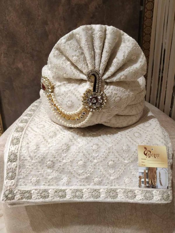 Off White Colour Lucknowi,Silk Fabric Groom Sherwani Turban.