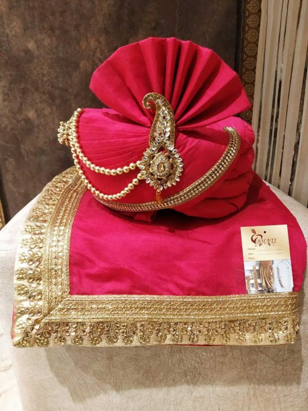 Rani Pink Colour Silk Fabric Groom Wedding Turban.
