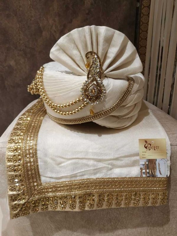 Cream Colour Silk Fabric Mens Wedding Turban.