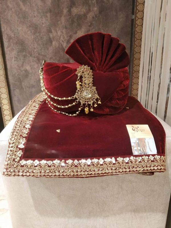 Maroon Colour Velvet Fabric Indian Wedding Turban.