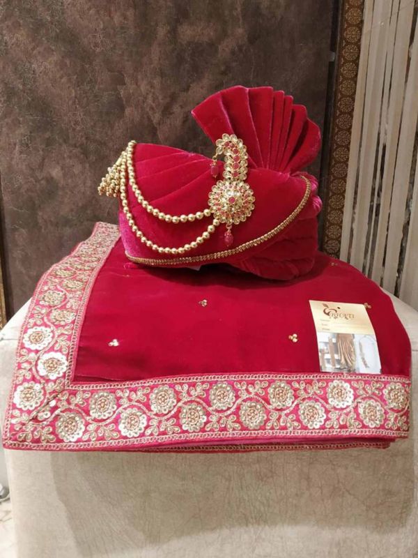 Rani Pink Colour Silk Fabric Groom Sherwani Turban.