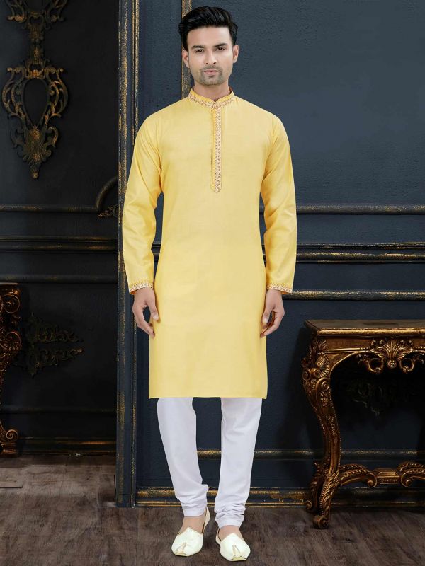 Yellow Colour Cotton Fabric Mens Kurta Pajama.