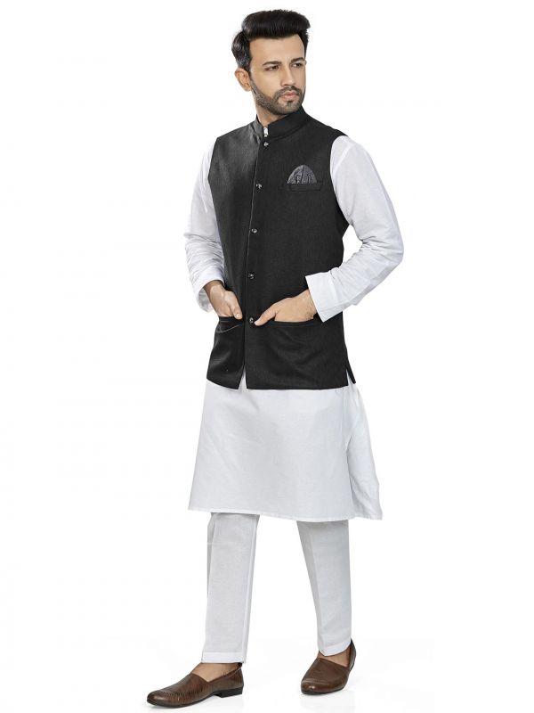 White,Black Colour Linen Fabric Mens Kurta Jacket.