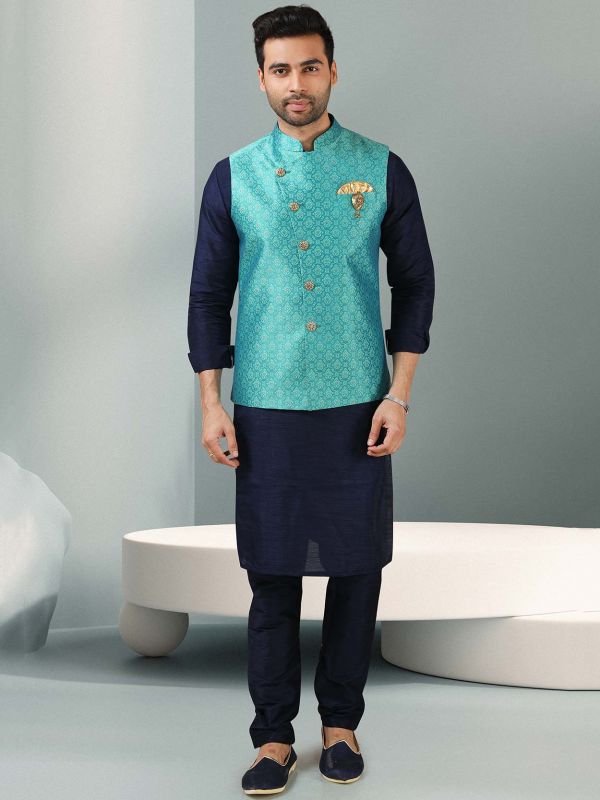 Blue Colour Jacquard,Banarasi Silk Fabric Mens Kurta Jacket.
