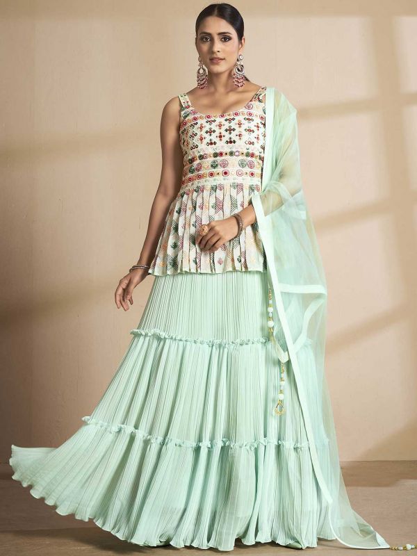 Sea Green Colour Net Fabric Designer Lehenga Choli.