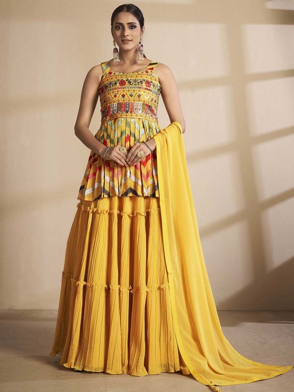 Mustard Yellow Colour Wedding Lehenga Choli in Net Fabric.