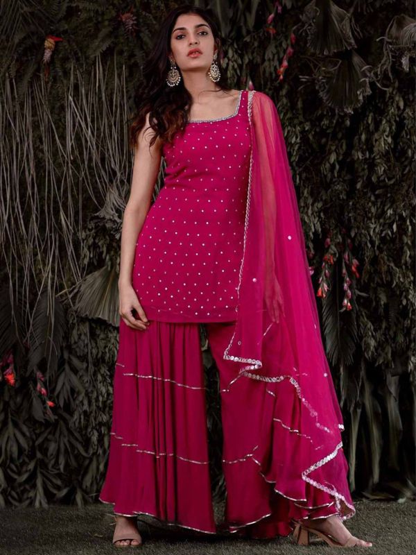 Red,Pink Colour Designer Sharara Salwar Suit.