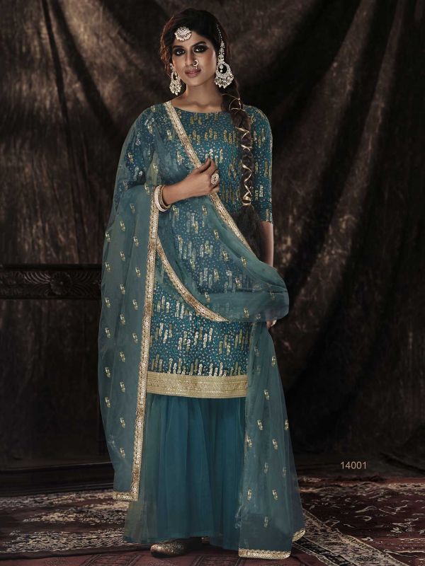 Dark Firozi Colour Net Fabric Designer Sharara Salwar Suit.